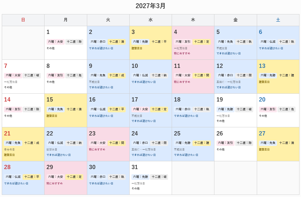 2027年3月の建築吉日カレンダー