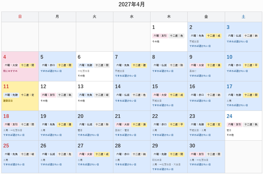 2027年4月の建築吉日カレンダー